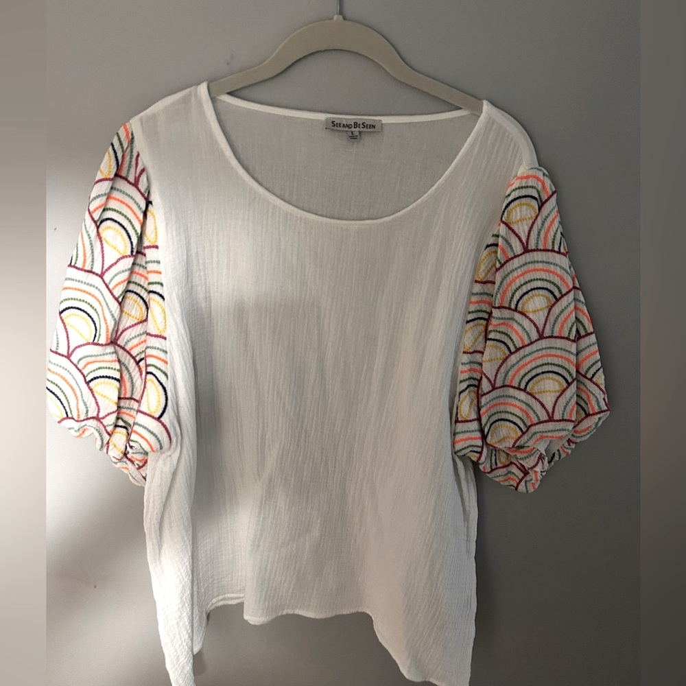 White Muslin Top with Multicolor embroidered sleeves